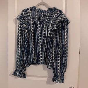 Floral Embroidered Cotton Top Size L in Dark Blue